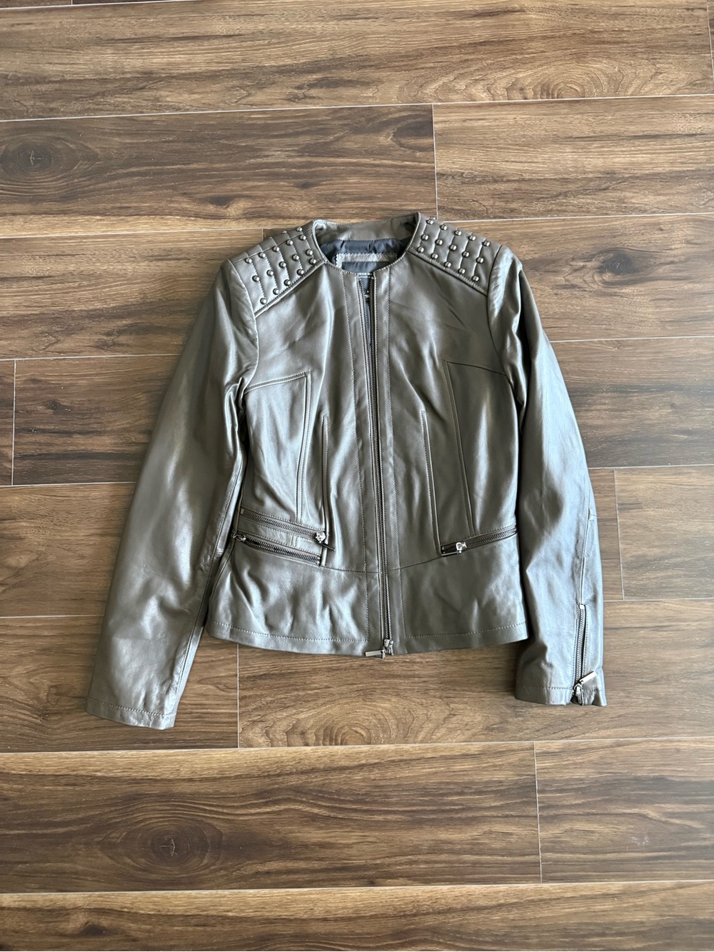 Women's Leather Stud-Shoulder Jacket - Olive